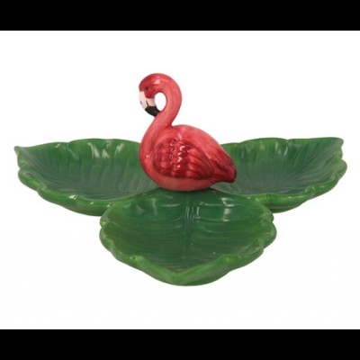 Petisqueira Bandeja tripla com Flamingo e Folhas (21C x 9A cm)