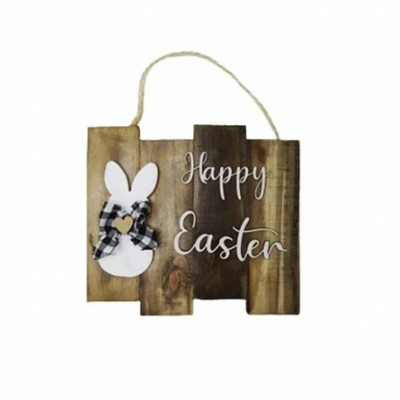 Placa Happy Easter coelho com gravata xadrez (28A x 25C x 3L cm)